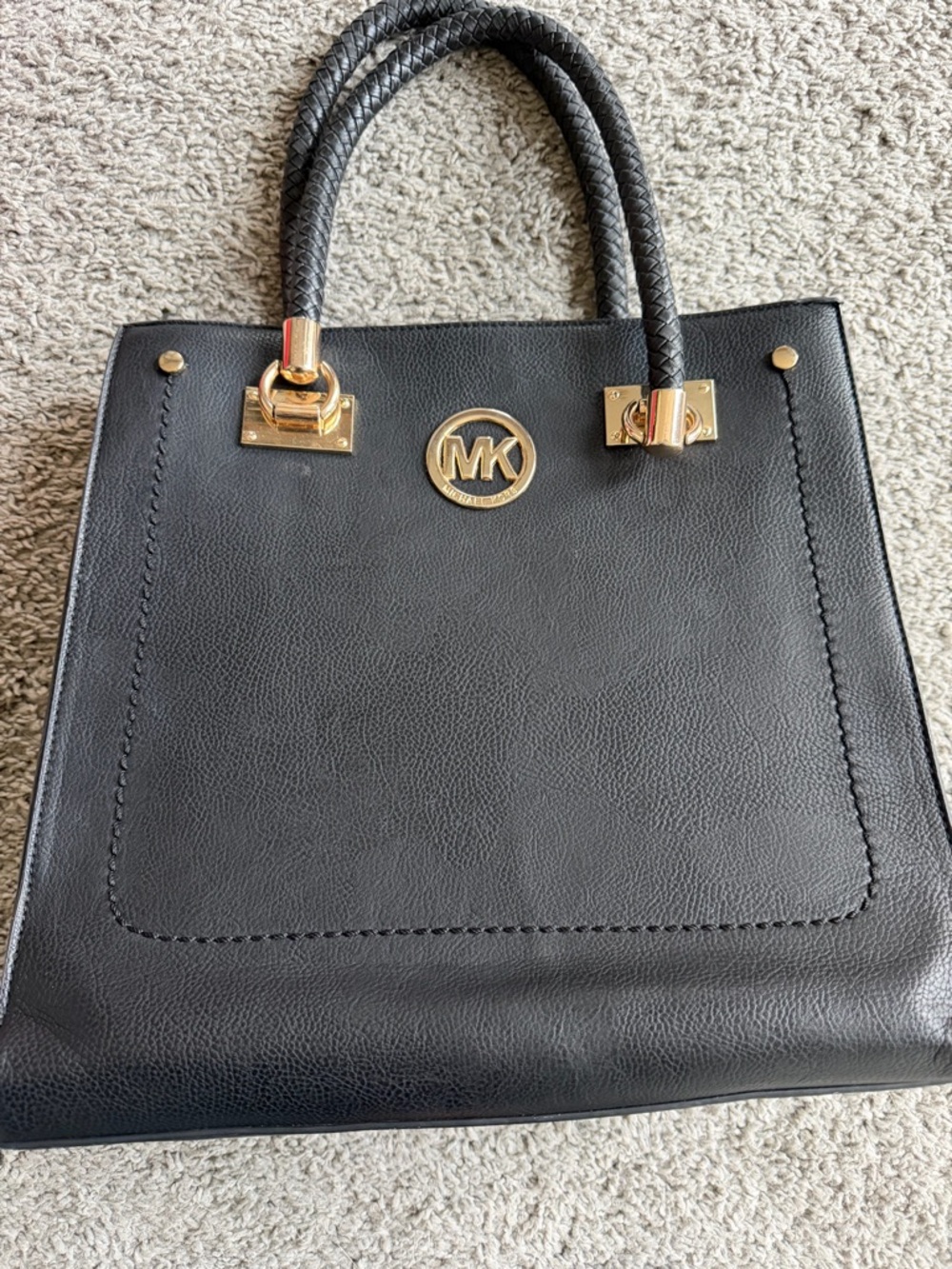 Michael Kors Black Leather Tote with Braided Handles and Gold-Tone Logo